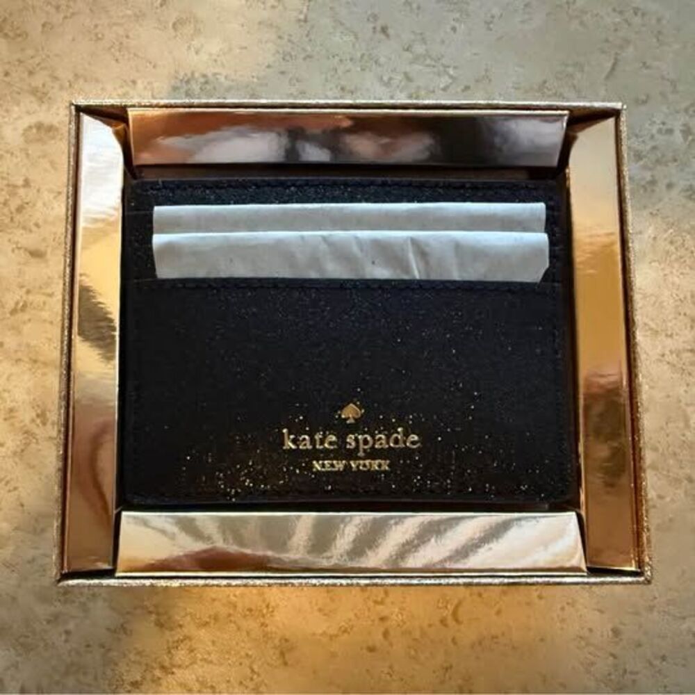 Kate Spade New York Black Glitter Card Holder Wallet w/ Gift Box